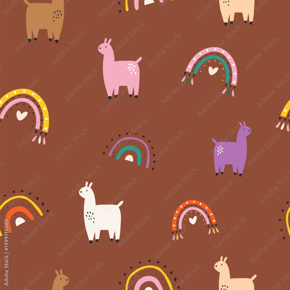 Fototapeta premium Seamless cute llama, alpaca and rainbow pattern for wrapping paper, nursery