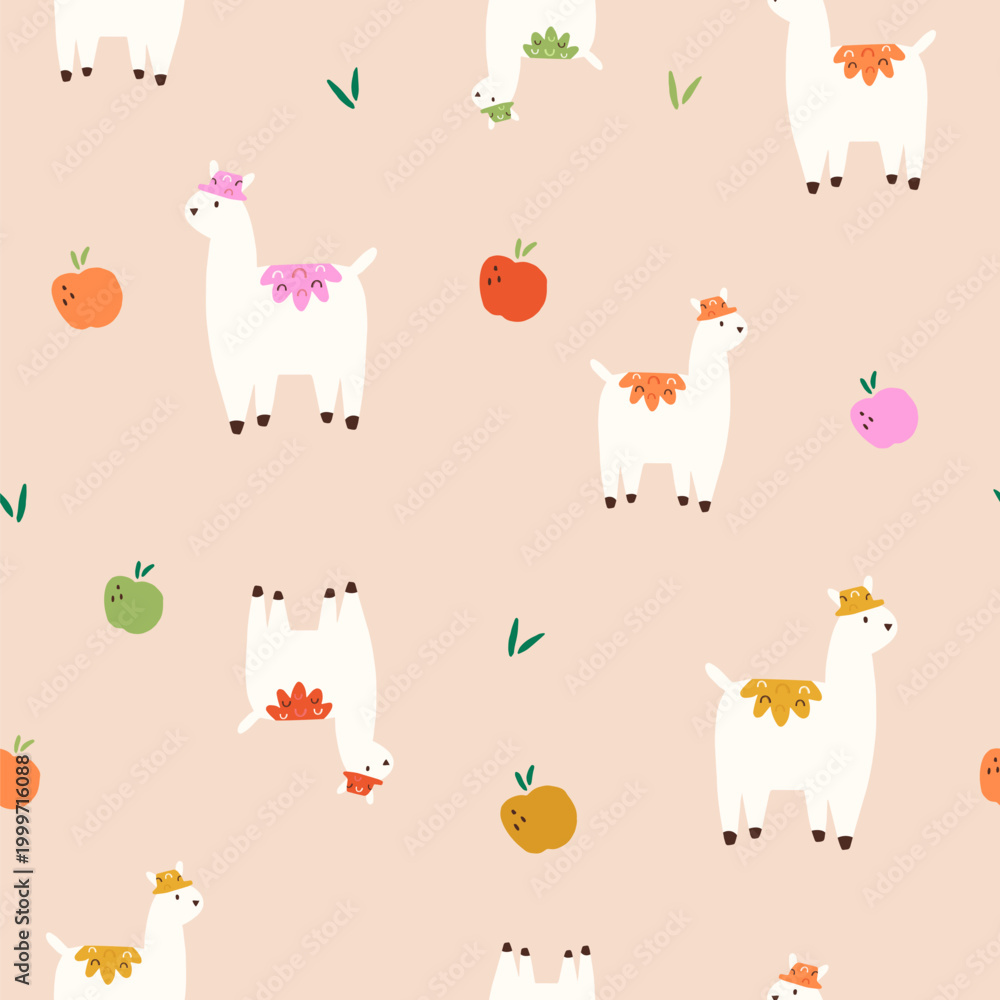 Fototapeta premium Seamless cute llama, alpaca pattern on beige background