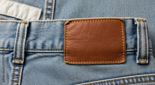 Close-up of light blue denim jeans back pocket with a brown leather patch and yellow stitching