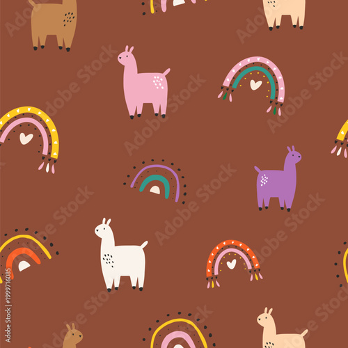 Seamless cute llama, alpaca and rainbow pattern for wrapping paper, nursery