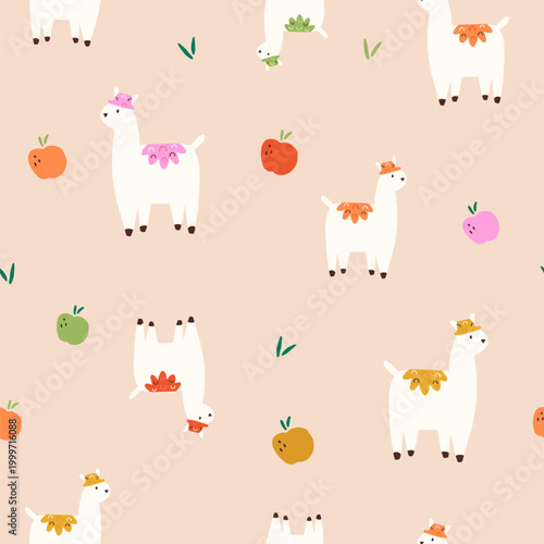 Seamless cute llama, alpaca pattern on beige background