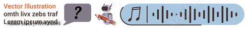 Communication technology, artificial intelligence, media interaction, music visualization, language processing, conversation. Robot holding a pencil with speech bubble and sound wave. Communication