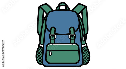 Illustration of a blue and green backpack with straps, buckles, and multiple pockets, suitable for travel or school.