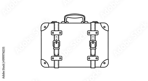 Line art illustration of a classic vintage suitcase with straps and buckles, perfect for travel.