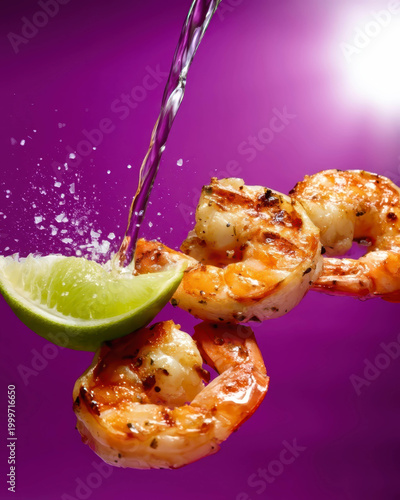 Juicy shrimp sizzle on a vibrant purple backdrop. Lime wedge sprays droplets as liquid pours above. Grilled shrimp glisten with seasoning and heat. Fresh citrus adds zing to the savory scene