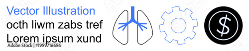 Healthcare, respiratory system, mechanics, business, technology, financial systems. Features a lung diagram, gear icon and dollar sign. Healthcare and financial systems with clean visuals