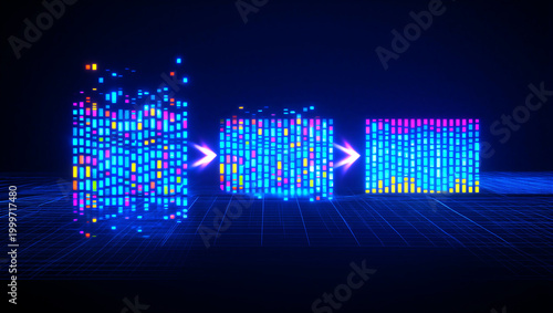 Futuristic digital data blocks transforming in a hightech virtual environment with glowing arrows showing progression