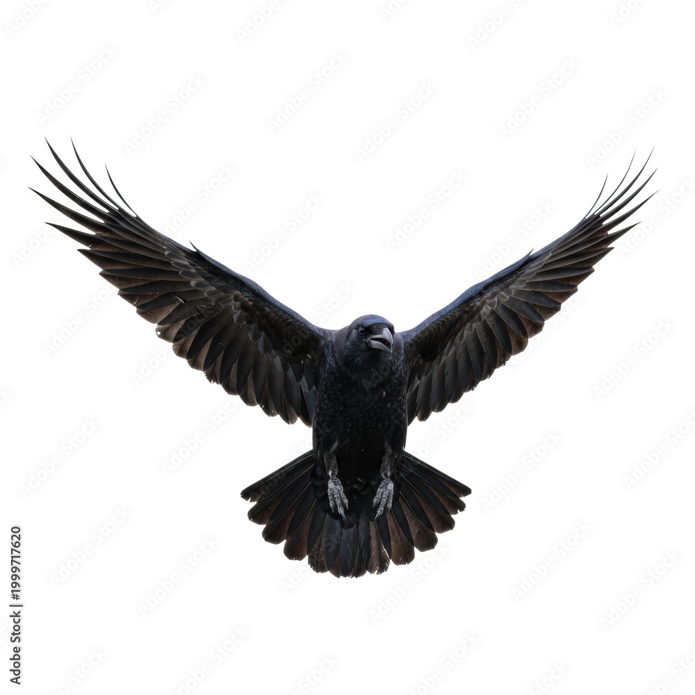 Naklejka premium Adult raven in mid-flight with glossy black feathers and spread wings, captured against a transparent backdrop, creating a sense of ancient mystery atmosphere