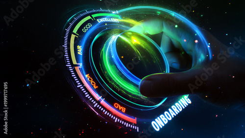 Futuristic digital onboarding process visualization with glowing performance meter and hand interaction effect