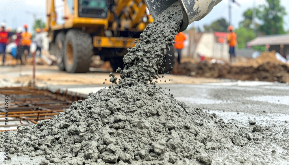 Naklejka premium Pouring wet concrete from a chute onto a construction site with rebar reinforcement visible