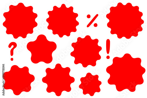 Hand drawn sale badges PNG. Red starburst labels with symbols, percent, question, exclamation marks, promotional stickers for ecommerce, retail, marketing, ads, UI and social media design. High-res