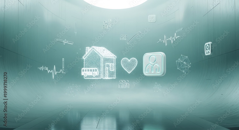 Fototapeta premium Futuristic Universal Services Hub: Holographic Icons in Minimalist Mint Architecture Void