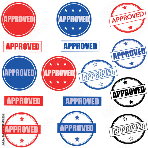Approved  Stamp. Red, Blue and Black Approved Stamp, Set For Element Design. Vector Illustration