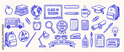 Fotografie School Supplies and Classroom Essentials: A detailed collection of hand-drawn school supplies, including books, globe, and notebooks and many other objects