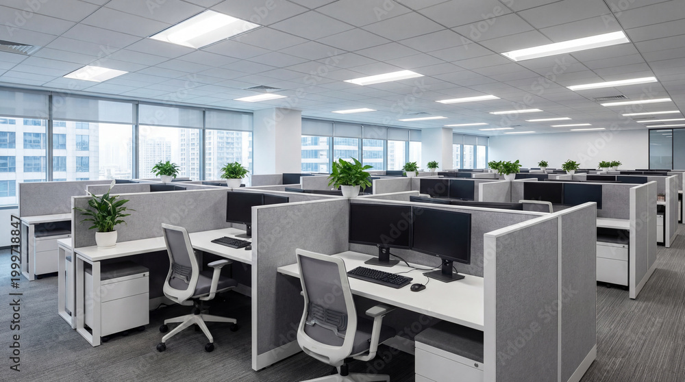 Fototapeta premium Corporate office floor with cubicle partitions gray fabric and clean desk arrangement modern look
