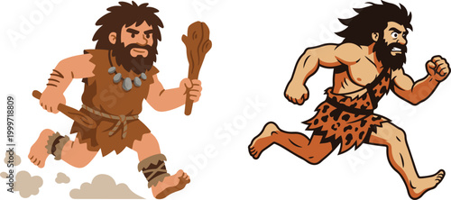 Cartoon illustration of two prehistoric cavemen running, one holding a wooden club, depicted in a dynamic flat vector style representing primitive life and movement.