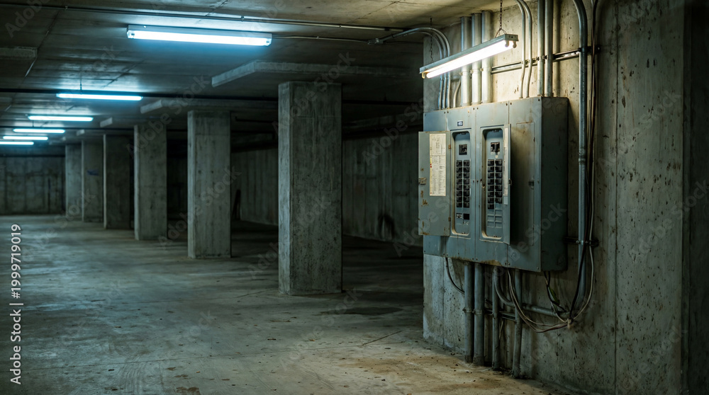 Fototapeta premium Electrical service panel in dimly lit parking garage with concrete columns and pipes visible