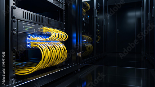 Data center server room with server rack and network cables