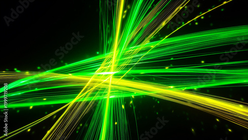 Vibrant glowing green and yellow abstract light rays radiating from center creating futuristic energy effect