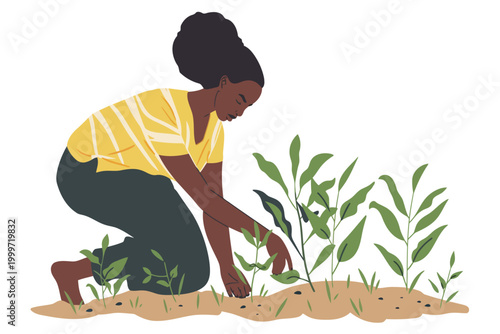 black woman working in garden isolated illustration