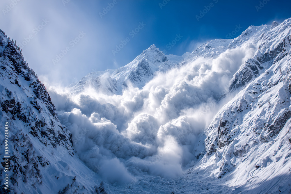 Fototapeta premium Powerful snow avalanche rushing down a steep mountain slope under a clear blue sky. Dramatic winter nature landscape. Massive snow cloud in the Alps. Dangerous natural disaster