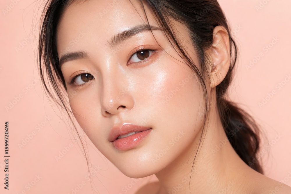 Fototapeta premium Young Asian woman with flawless glowing skin applying makeup, natural beauty closeup portrait in soft pink lighting, skincare and cosmetics lifestyle concept, fresh and youthful appearance