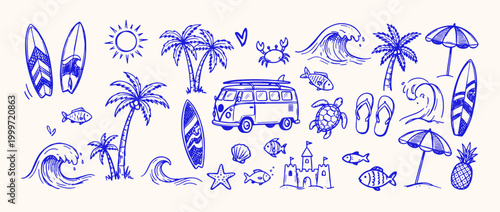 Beach Sketches: A collection of hand-drawn beach-themed illustrations, including palm trees, surfboards, waves, and other related symbols evoking a sense of summer and seaside fun.