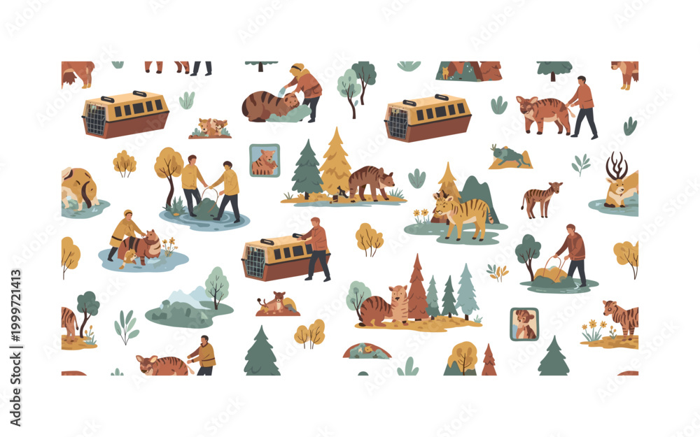Fototapeta premium Species reintroduction programs, seamless pattern, repeating pattern, surface design, textile print, cozy arrangement of animals being released into nature,