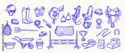 Equestrian Tools and Equipment Illustration: A detailed doodle illustrations showcasing an array of essential equestrian tools and equipment.