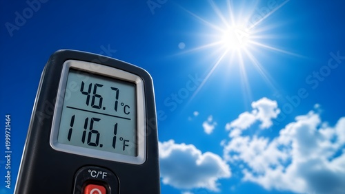 Digital thermometer showing high temperature under a blazing sun