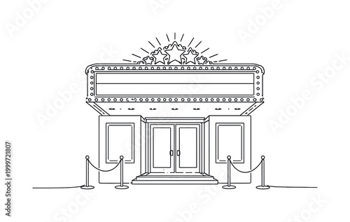Cinema Premiere Sign. Minimalistic one-line drawing illuminated movie marquee above theater doors expressing