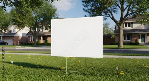Blank white lawn sign standing in a residential yard with green grass yellow dandelions and suburban houses in the background under a blue sky