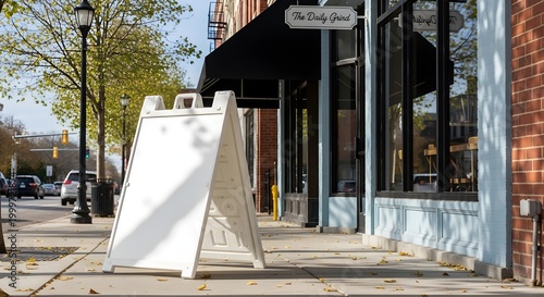 Blank white sandwich board sign outside The Daily Grind coffee shop on a sidewalk with autumn leaves and street traffic in the background
