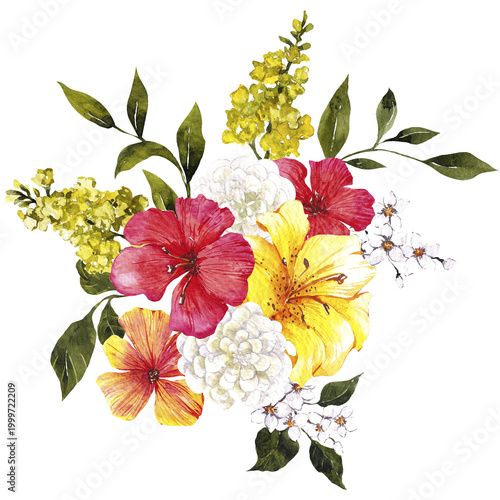 Watercolor hand draw floral bouquet with Italy flowers, yellow, red and pink floral, isolated on white background