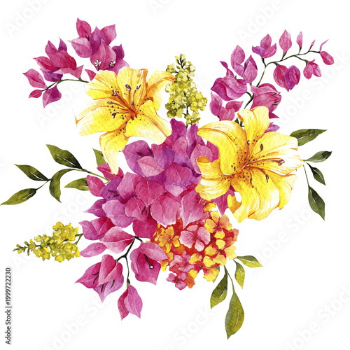 Watercolor hand draw floral bouquet with Italy flowers, yellow, red and pink floral, isolated on white background