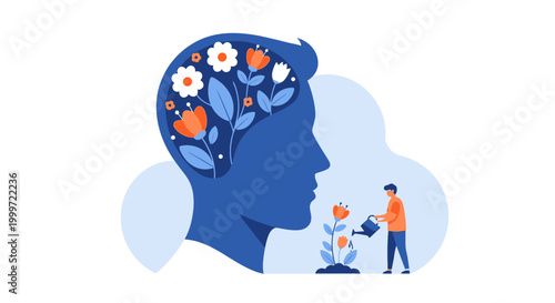 Person with flowers in brain grows plants with another person outdoors