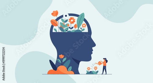 Person with a vibrant head filled with plants and flowers standing outdoors