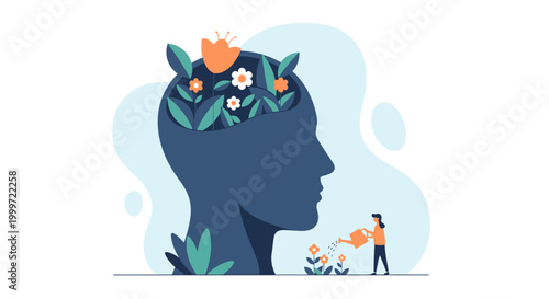 Person with flowers on head standing near workers in garden scene