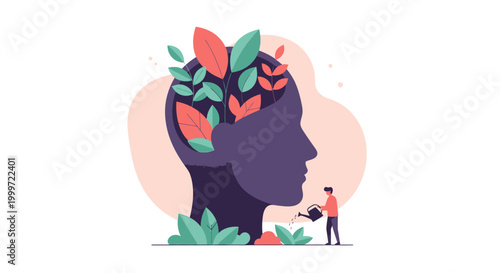 Person with plants growing out of head standing next to another person gardening