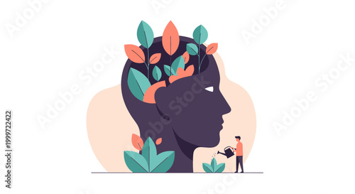 A person with leaves growing out of their head stands in a garden with another person.