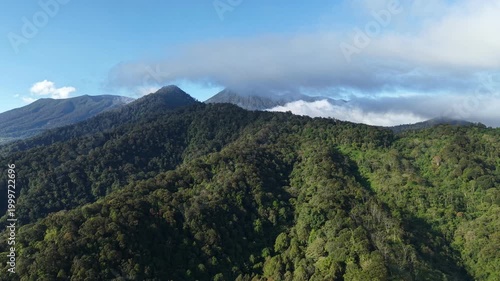 A beautiful mountain range with lush green trees and fluffy clouds in the background, capturing the essence of untouched nature.