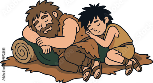 Cartoon illustration of two prehistoric people resting and sleeping on the ground, depicting early human life and relaxation in a simple flat vector style.