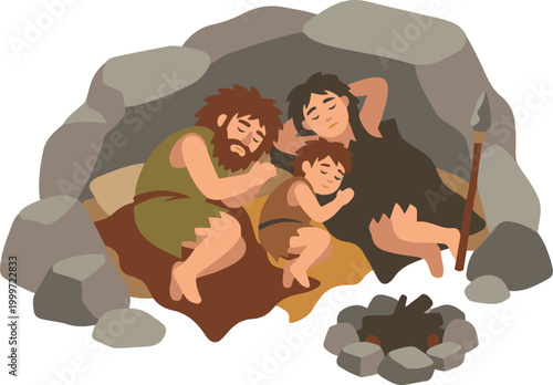 Cartoon illustration of a prehistoric family resting inside a cave, depicting early human life, shelter, and warmth in a simple flat vector style.