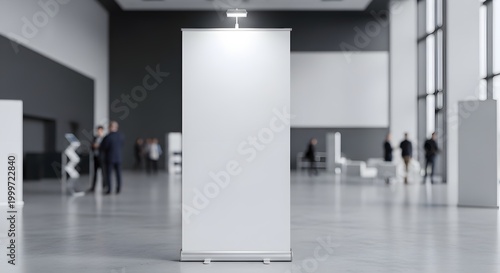 White blank roll up banner stand with light on top in modern exhibition hall with people walking in background perfect for trade show and event advertising
