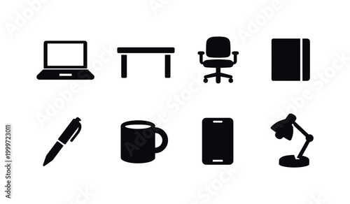 Minimal Workspace Setup. Filled icon set of Minimal Workspace Setup: laptop, desk, chair, notebook, pen, mug,