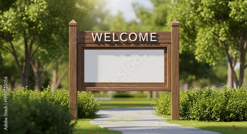 Wooden welcome sign with blank white board in a lush green park with trees and pathway perfect for hospitality and tourism advertising