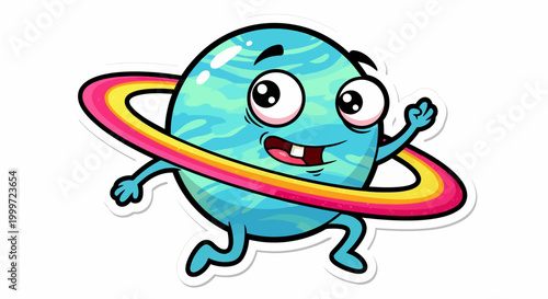 A cartoon Earth character playfully jumping through a hula hoop.