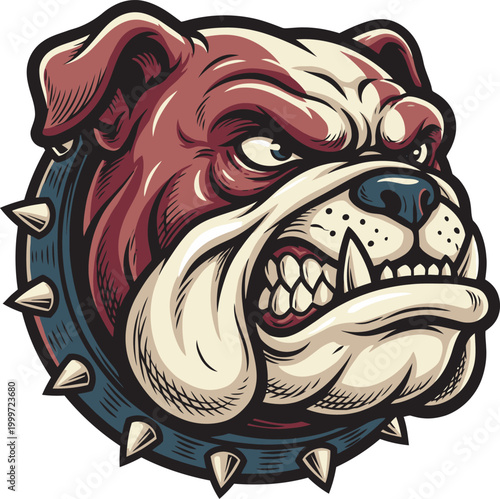 Aggressive cartoon bulldog head with bared teeth and spiked collar in a vector illustration style.