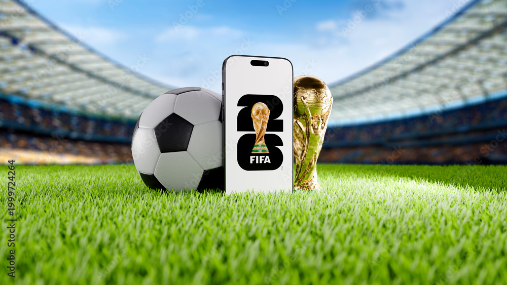 Naklejka premium Mobile phone with 2026 FIFA World Cup Logo on Green Grass of a Modern Football Stadium with Trophy and Ball.