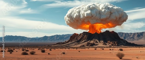Close-up view of a mushroom cloud rising from a desert landscape,  military,   conflict